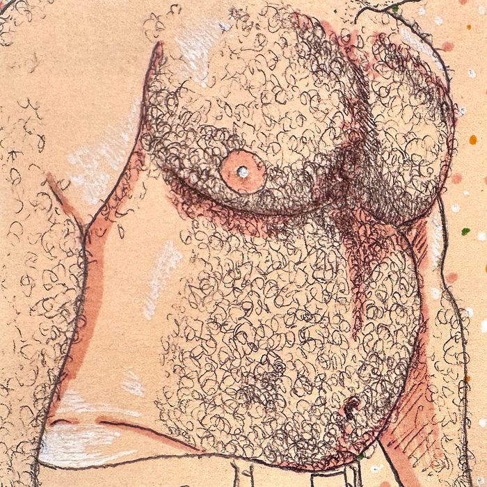 Doodle of a very hairy, heavyset man's torso on a peach sticky note with confetti dots