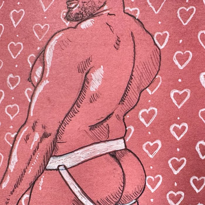 Doodle of a broad-backed bearded man in a white jockstrap, on a pink sticky note patterned with white hearts